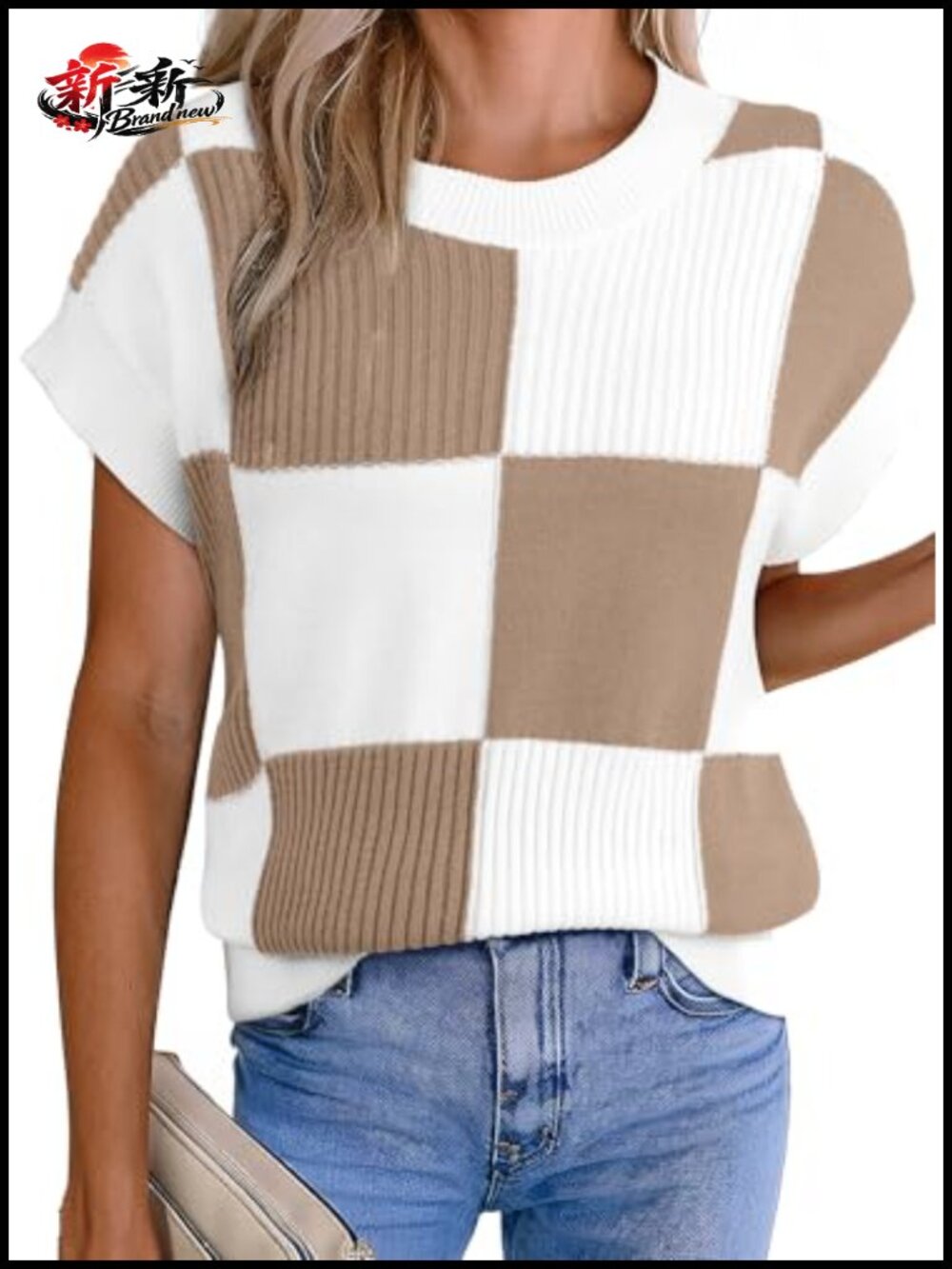 Women's Short Sleeve Knit Sweater Vest Color Block Checkered Pullover